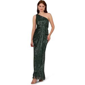 Stardust Pleated Draped Gown, 12, Maxi, One Shoulder, Green Pine